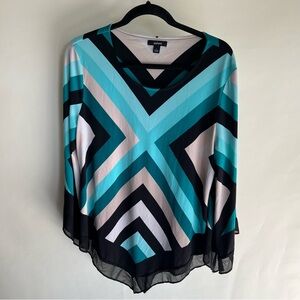 Alfani Blouse Sz Lg Women’s Geometric Handkerchief Hem Blue Green Black EUC
